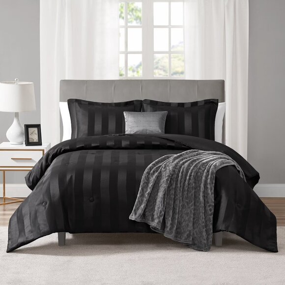 Mainstays King 5-Piece Damask Stripe Comforter Set – Rich Black Bedding Adult - Picture 1 of 5